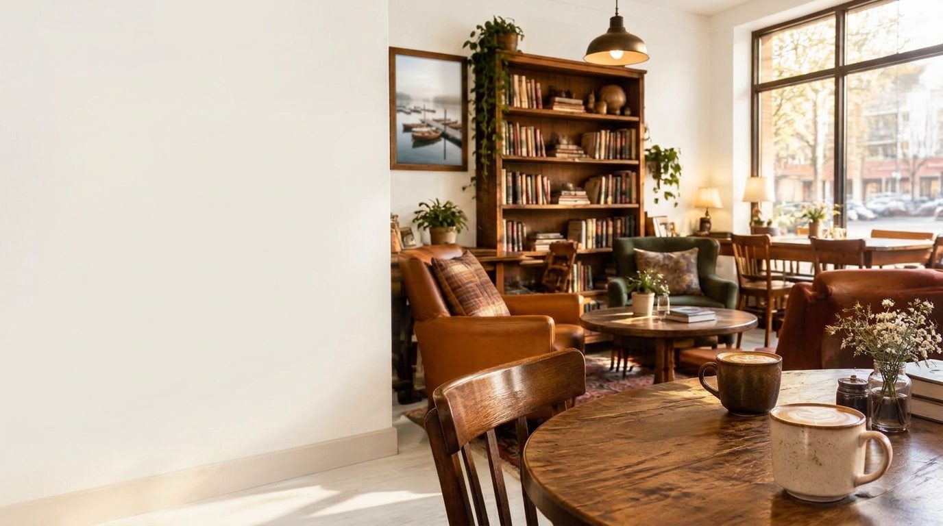 A warm, sunlit neighborhood coffee shop with armchairs, bookshelves, and lattes on a wooden table